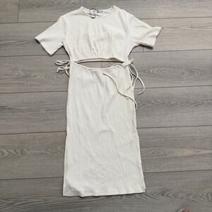 4th + Reckless Womens M Ivory Ribbed Cutout Tie Waist Midi Dress NWOT